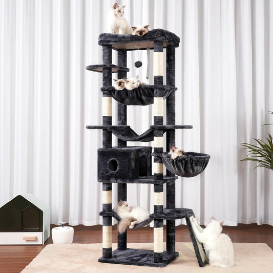 Hey-brother Cat Tree, 69.3-Inches Multi-Level Plush Cat Tower for Indoor Cats with Large Top Perch, Extra Spacious Hammock, 2 Hammocks Ramp, Hanging Ball, Smoky Gray MPJ037G