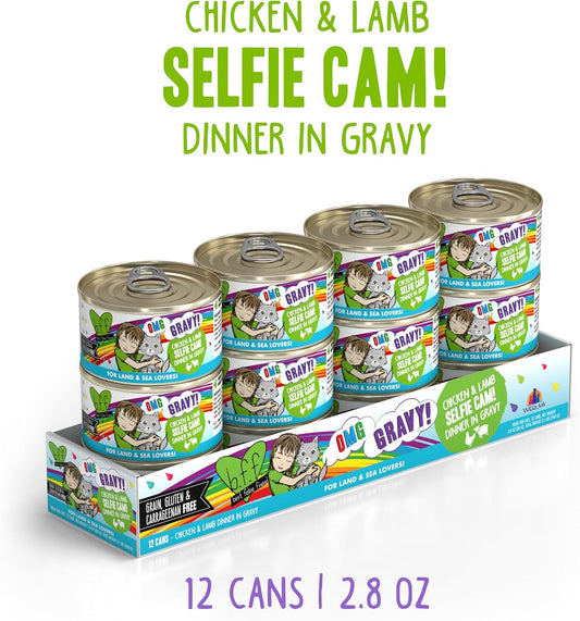 Weruva B.F.F. OMG - Best Feline Friend Oh My Gravy!, Selfie Cam! with Chicken & Lamb in Gravy Cat Food, 2.8oz Can (Pack of 12)