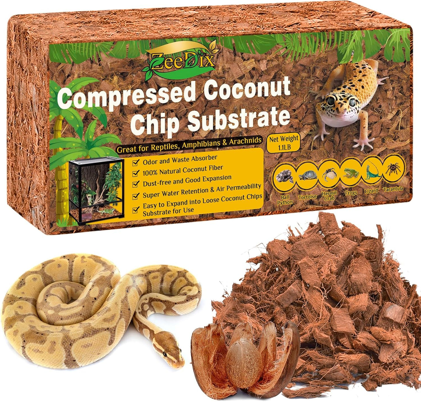 ZeeDix Natural Coconut Chips Substrate for Reptiles, Coconut Fiber Husk Reptiles Bedding, Compressed Coco Chips Substrate for Ball Python, Snakes, Tortoise, Hermit Crab, Frogs, Lizard, Tarantula