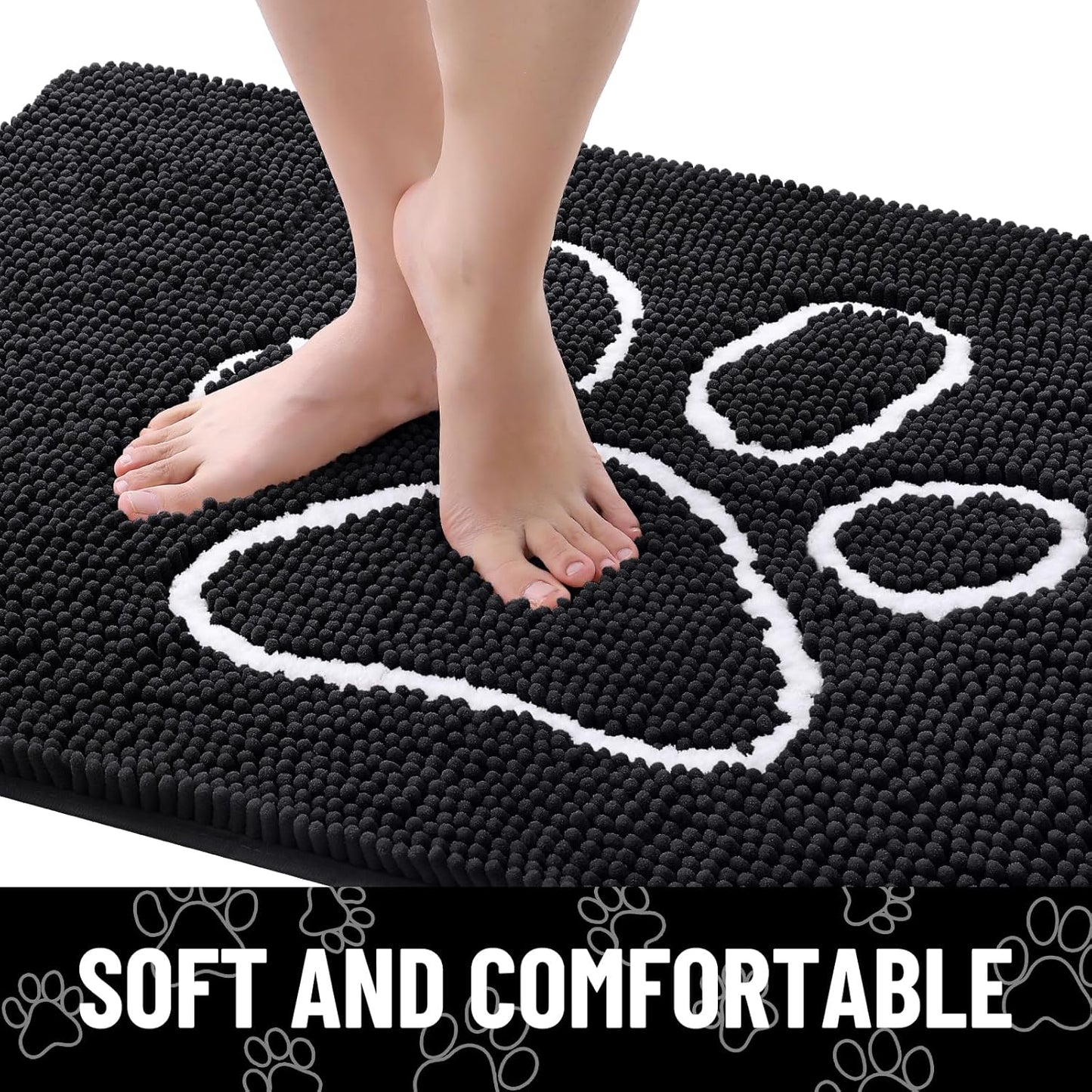 Smiry Dog Door Mat for Muddy Paws, Absorbent Dirt Trapper Non Slip Quick Dry Washable Chenille Mat for Mud Dogs, Entry Rug for Indoor and Outdoor (48x30 Inches, Black)