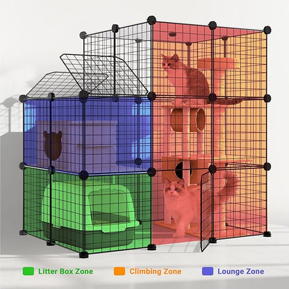 3-Tier DIY Indoor Cat Cage with Skylight, Accommodates Multiple Pets; Foldable Large Cat Cage Enclosure (with Litter Box Area); 43.7-Inch Metal Wire Cat Bed Habitat