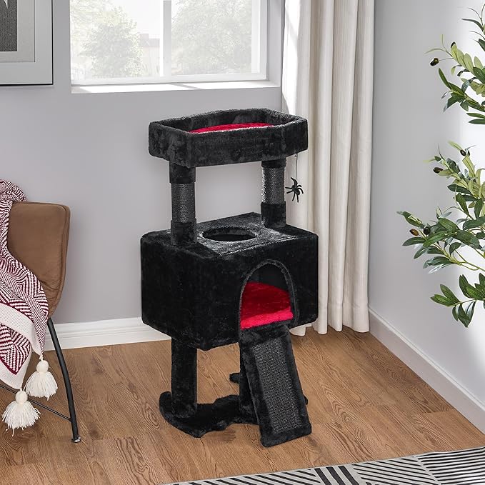 BEWISHOME Cat Tree Tower for Indoor Gothic Cat Trees with Coffin Bed, Cat Condo Cat House with Scratching Posts, Cat Shelves with Spider Toy, Pet Play Activity Center Black with Red, MMJ95R