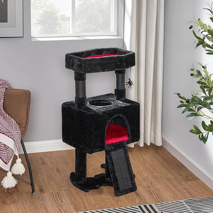 BEWISHOME Cat Tree Tower for Indoor Gothic Cat Trees with Coffin Bed, Cat Condo Cat House with Scratching Posts, Cat Shelves with Spider Toy, Pet Play Activity Center Black with Red, MMJ95R