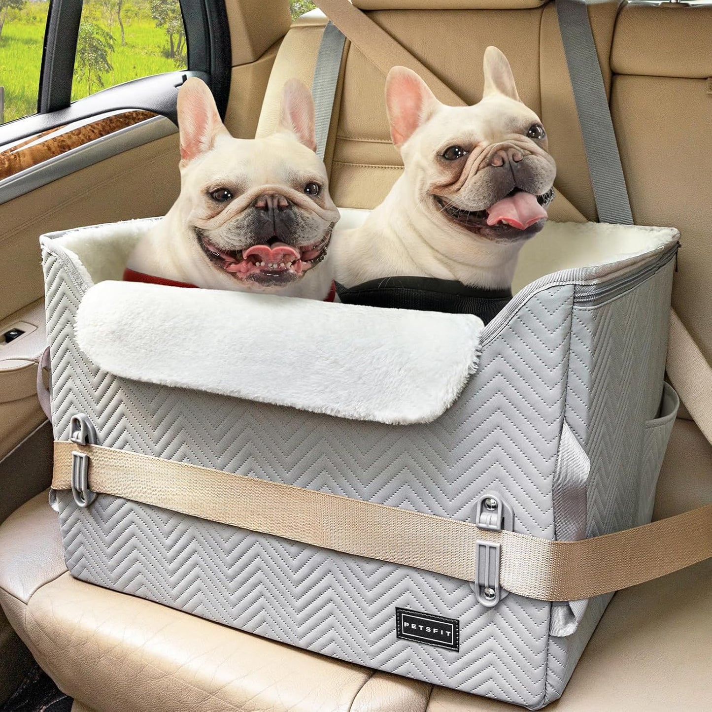 PETSFIT Dog Booster Car Seat, Waterproof PU Leather Car Seat for Dogs with Patented Safe Buckles, 2 Clip-On Safety Leashes, Suitable for 2 Small Dogs or a Medium Dog (Medium, Grey) - Pawvie