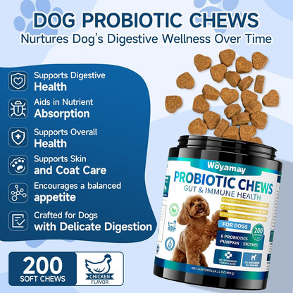 Dog Probiotic for Dogs, 200 Soft Treats Dog Probiotics for Digestive Health & Immune System, Probiotic Chews for Dogs, Support Gut Health|Itchy Skin|Diarrhea|Gas Relief Treatment