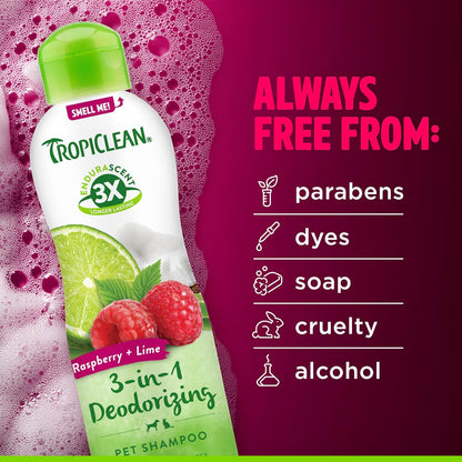 TropiClean Deodorizing Dog Shampoo, Powerful Odor Control, Long-Lasting Raspberry Lime Scent, Puppy Safe, Made in The USA, Cat Friendly, 20oz.