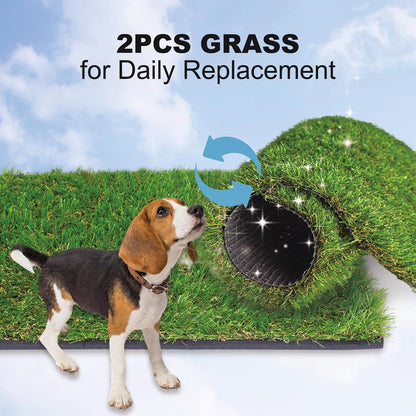 HQ4us Dog Grass Pad with Tray Small 23" x 16" Dog Litter Box Toilet for Puppy (No Grate) with 2×Artificial Grass for Dogs with Hemmed Edge, Pee Pads for Dogs, Realistic, Less Stink, Potty for Balcony