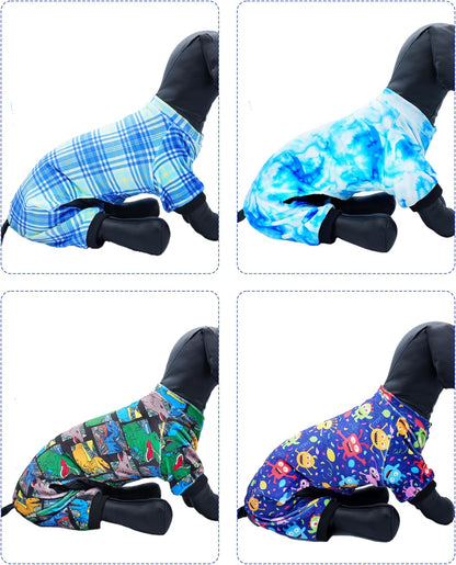 PET SHOW 4 Pack Small Dog Pajamas Cute Dinosaur Monster Clothes for Medium Dogs Soft Stretchy PJs Plaid Jumpsuit Puppy Tie Dye Onesies Outfits with Sleeve Pets Dachshund Costume(XL, Blue for Boys)