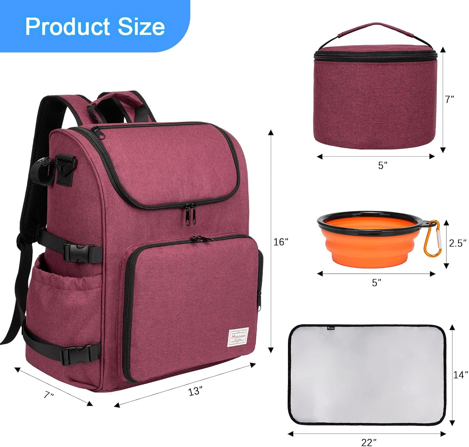 Modoker Dog Travel Bag Backpack, Airline Approved Pet Accessories Organizer for Dog and Cat with Shoulder Strap, 2 Dog Food Storage Containers, 2 Collapsible Dog Bowls,1 Pet Mat, Rose Red - Pawvie