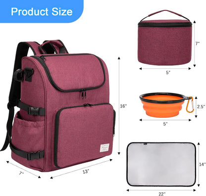 Modoker Dog Travel Bag Backpack, Airline Approved Pet Accessories Organizer for Dog and Cat with Shoulder Strap, 2 Dog Food Storage Containers, 2 Collapsible Dog Bowls,1 Pet Mat, Rose Red - Pawvie
