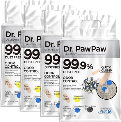 Tofu Cat Litter, Dr. PawPaw Clumping Cat Litter, Honeysuckle Scent 18 lb, Dust-Free Keep Kitty Tidy, Superior Odor Control Keep Step Fresh