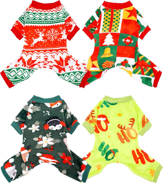 PET SHOW 4 Pack Christmas Small Dog Pajamas Holiday Dog Clothes Doggies Soft Stretchy PJs Xmas Jumpsuit Puppy Cats Girl Boy Onesies Red Green Outfits with Sleeve Pets Dachshund Costume XS