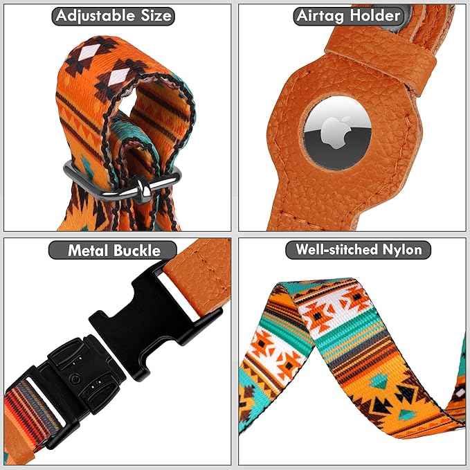 AirTag Dog Collar with Metal Buckle - Printed Nylon Soft Leather Dog Collar with Apple AirTag Holder - Secure Tracking GPS Pet Collars for Girl Boy Small Large Dogs (L, 17"-21" Neck Fit, Southwest)