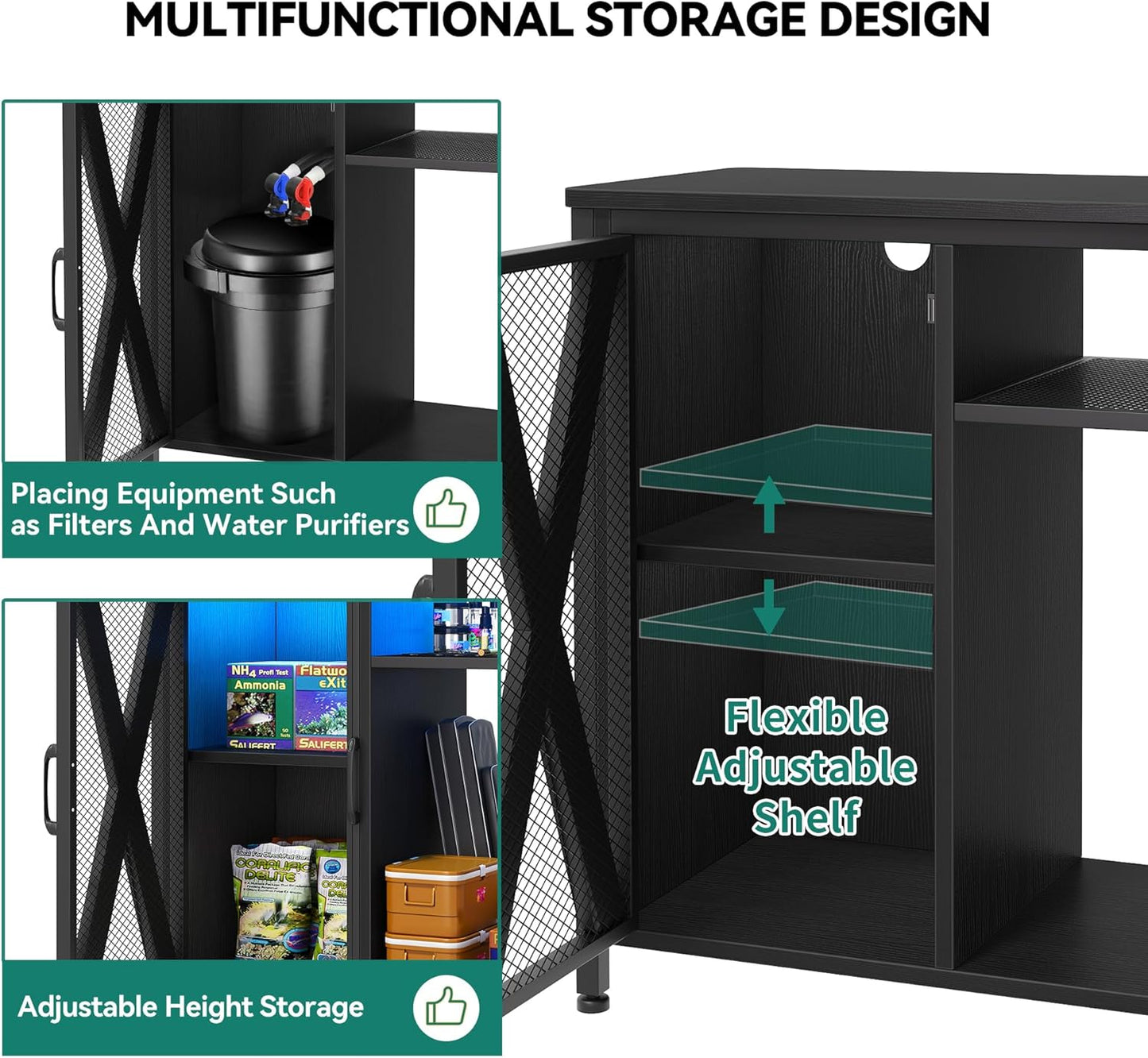 YITAHOME Fish Tank Stand with Power Outlets & LED Light, 20-29 Gallon Metal Aquarium Stand with Cabinet for Fish Tank Accessories Storage for Turtle Tank, Reptile Terrarium, 350LBS Capacity, Black