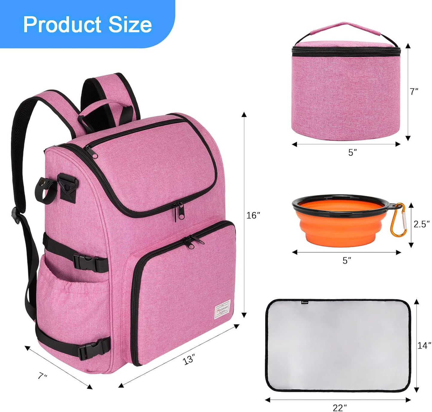 Modoker Dog Travel Bag Backpack, Airline Approved Pet Accessories Organizer for Dog and Cat with Shoulder Strap, 2 Dog Food Storage Containers, 2 Collapsible Dog Bowls,1 Pet Mat, Pink - Pawvie
