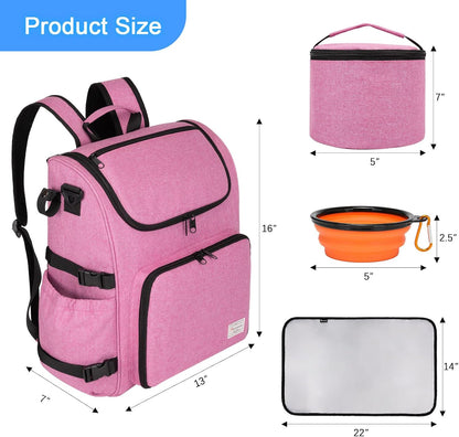 Modoker Dog Travel Bag Backpack, Airline Approved Pet Accessories Organizer for Dog and Cat with Shoulder Strap, 2 Dog Food Storage Containers, 2 Collapsible Dog Bowls,1 Pet Mat, Pink - Pawvie