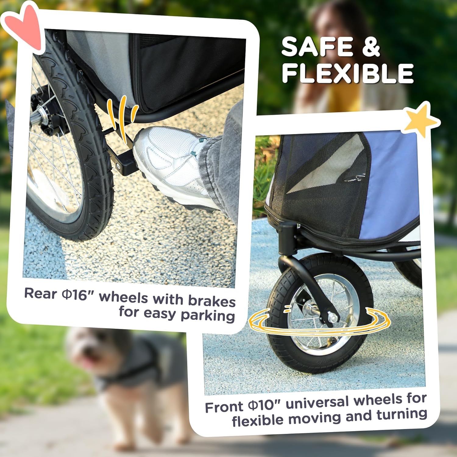 PawHut Dog Stroller, Pet Stroller 3 Wheels with Easy One-Hand Fold, Rubber Wheels, Storage Bag, Soft Cushion, Safety Leash, for Small & Medium Dogs, Blue - Pawvie