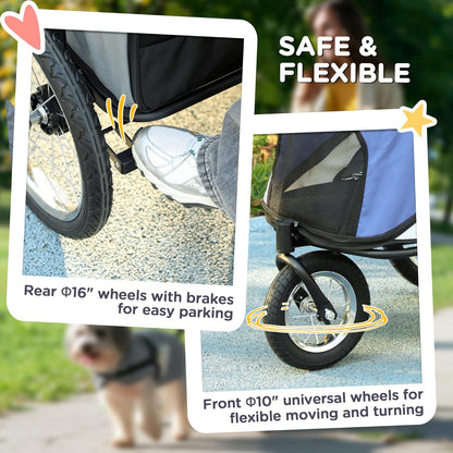 PawHut Dog Stroller, Pet Stroller 3 Wheels with Easy One-Hand Fold, Rubber Wheels, Storage Bag, Soft Cushion, Safety Leash, for Small & Medium Dogs, Blue - Pawvie