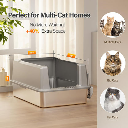Stainless Steel Jumbo Open Cat Litter Box, XXXL 28"x20.5"x14" for Large Cats & Multi-Cat Households, Anti-Leakage High Walls & Non-Slip Base, Non-Sticky, Easy Clean Durable Metal Litter Pan