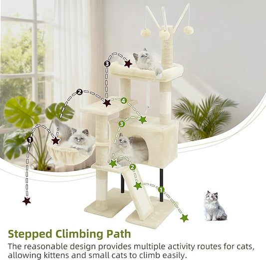 Cat Tree for Indoor Cats, Cat Tower with Scratching Post for Small Cats and Kittens, Cat House with Removable Top Platform and Fluffy Balls, Hanging Cat Basket, Beige GCT006SM