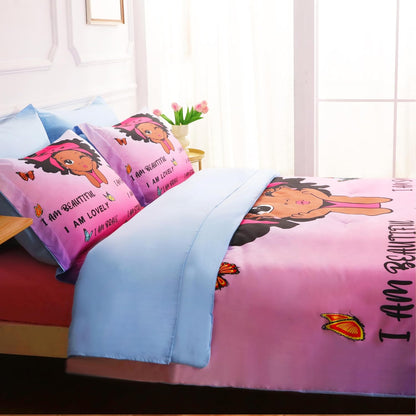 7 Piece Black Girls Magic Comforter Set Twin Size African American Girl Bedding Sets Bed in A Bag for Kids Teens Inspirational Quotes Pink Blue Quilt Room Decor