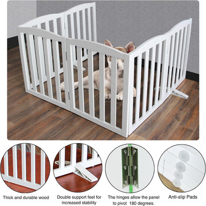 ZJSF Foldable Freestanding Indoor Dog Gate for House Wood White Long Pet Gates Dog Fence for Stairs Puppy Gates for Hallways,Pet Fence, Puppy Gate,Support Feet Included 24 "Height-6 Panels