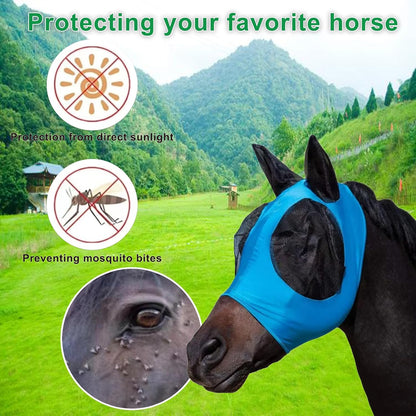 Horse Fly Mask with Ears, Comfortable Fit Stretch Fabric with UV Protection Soft on Skin Breathability for Small/Medium Size Horses (Blue)