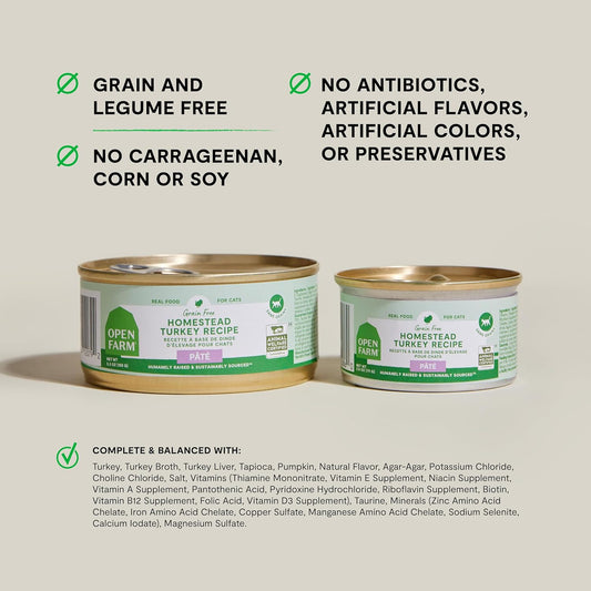 Open Farm Canned Cat Food, Paté for Complete & Balanced Nutrition, Grain-Free and Legume-Free Wet Cat Food, Homestead Turkey Recipe, 2.8oz Cans (Case of 18)
