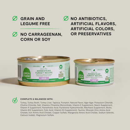 Open Farm Canned Cat Food, Paté for Complete & Balanced Nutrition, Grain-Free and Legume-Free Wet Cat Food, Homestead Turkey Recipe, 2.8oz Cans (Case of 18)