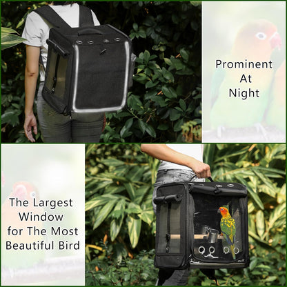 Suertree Bird Carrier with Seat Belt for Car Travel, Bird Backpack Carrier with Indestructible Stainless Steel Mesh, Large Bird Carrier Travel Cage, Black