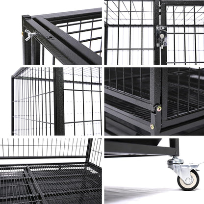 43" Collapsible and Stackable Large Dog Crates, Heavy Duty Dog Kennel Cage Open Top Double Doors W/Feeding Door, Dual Safe Locks, 360° Lockable Casters, Removable Tray & Metal Floor Grids