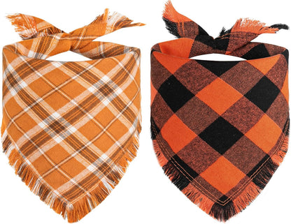 Kytely Fall Dog Bandana, 2Pack Halloween Dog Bandanas, Thanksgiving Classic Plaid Pet Scarf with Tassels Edges for Boy and Girl, Pet Apparel & Accessories Costume for Medium Large Dogs