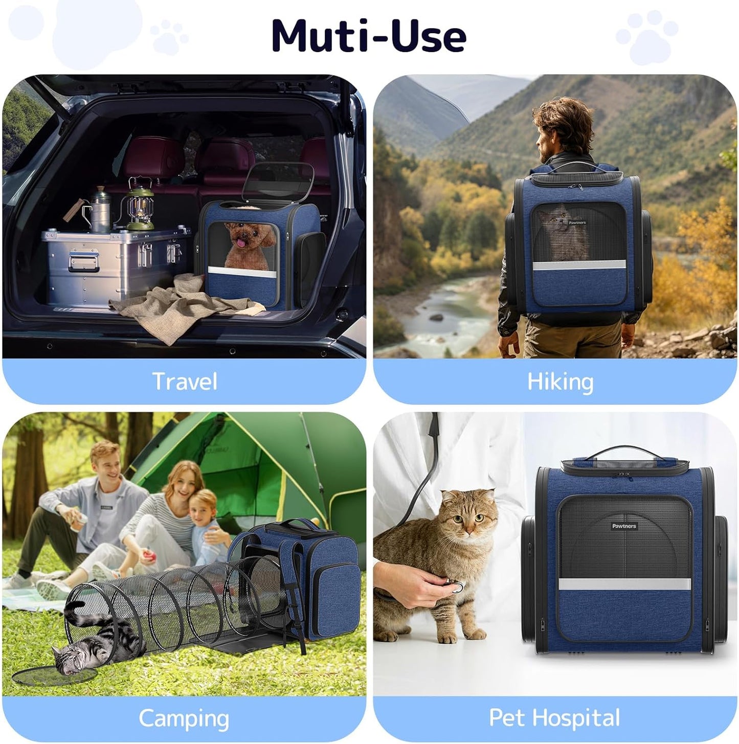 Pawtners Cat Carrier Backpacks Expandable Pet Backpack with Breathable Mesh, Pet Carrier Backpack for Cats Small Dogs Puppies Up to 18 Lbs, Dog Carrier Backpack for Travel Hiking Camping Outdoor Blue - Pawvie