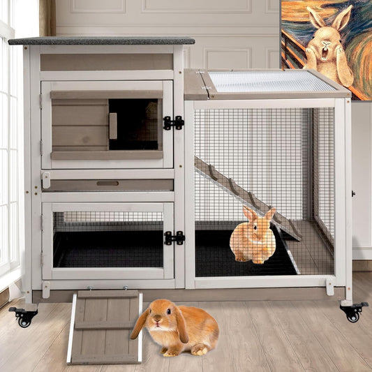 Rabbit Hutch Indoor 40" L Large 2 Story Outdoor Wooden Bunny Hutch with Run, 4 Metal Wheels & 2 Deeper Trays, UV-Proof Panel Rabbit Cage Guinea Pig Pet House for Small-Medium Animals