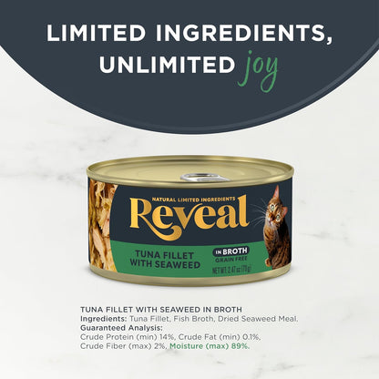 Reveal Natural Wet Cat Food, 24 Count, Grain Free, Limited Ingredient Canned Food for Cats, Tuna with Seaweed in Broth, 2.47 oz Cans