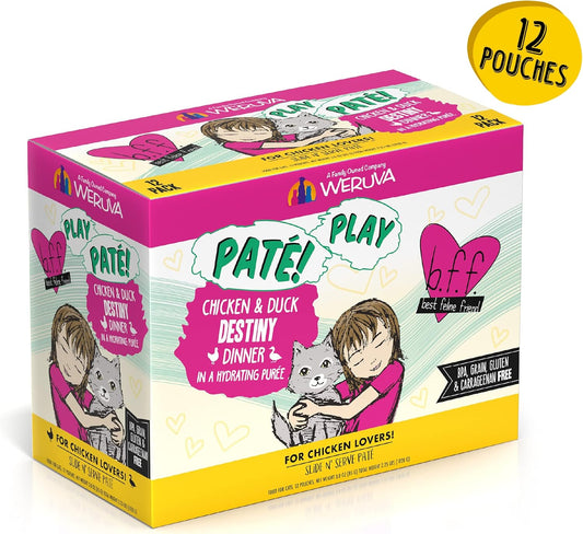 B.F.F. PLAY - Best Feline Friend Paté Lovers, Aw Yeah!, Chicken & Duck Destiny with Chicken & Lamb, 3oz Pouch (Pack of 12)