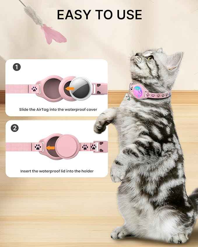Cat Collar with Airtag Holder, 2 Pack Waterproof Breakaway Kitten Collar for Apple AirTag GPS Tracker, Adjustable Cat Collar with Buckle, Bell & Reflective Pattern for Cats, Kittens, Pink (8-11")