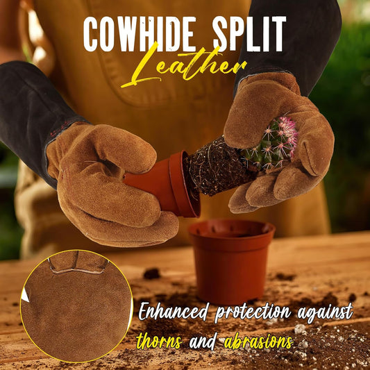HANDLANDY Leather Gardening Gloves for Men & Women, Rose Pruning Thorn Proof Garden Glove, Long Sleeve Gauntlet Gloves (Black-brown, Medium (Pack of 1))