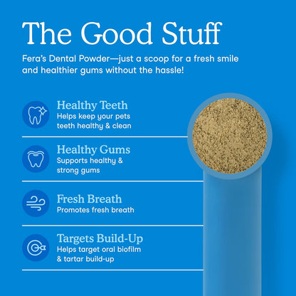 Fera Pets Cat & Dog Dental Support Powder - Supports Fresh Breath - Promotes Healthy Teeth and Gums - Targets Tartar Build-Up - Includes Kelp, Enzymes & Postbiotics - 60 Scoops