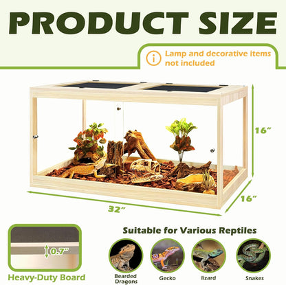 Prolee Tempered Glass Bearded Dragon Tank 37 Gallon, Lizard Tank, Reptile Tank with Metal Mesh Roof Door, Snake Tank with Lock Design, 32" Long, Oak