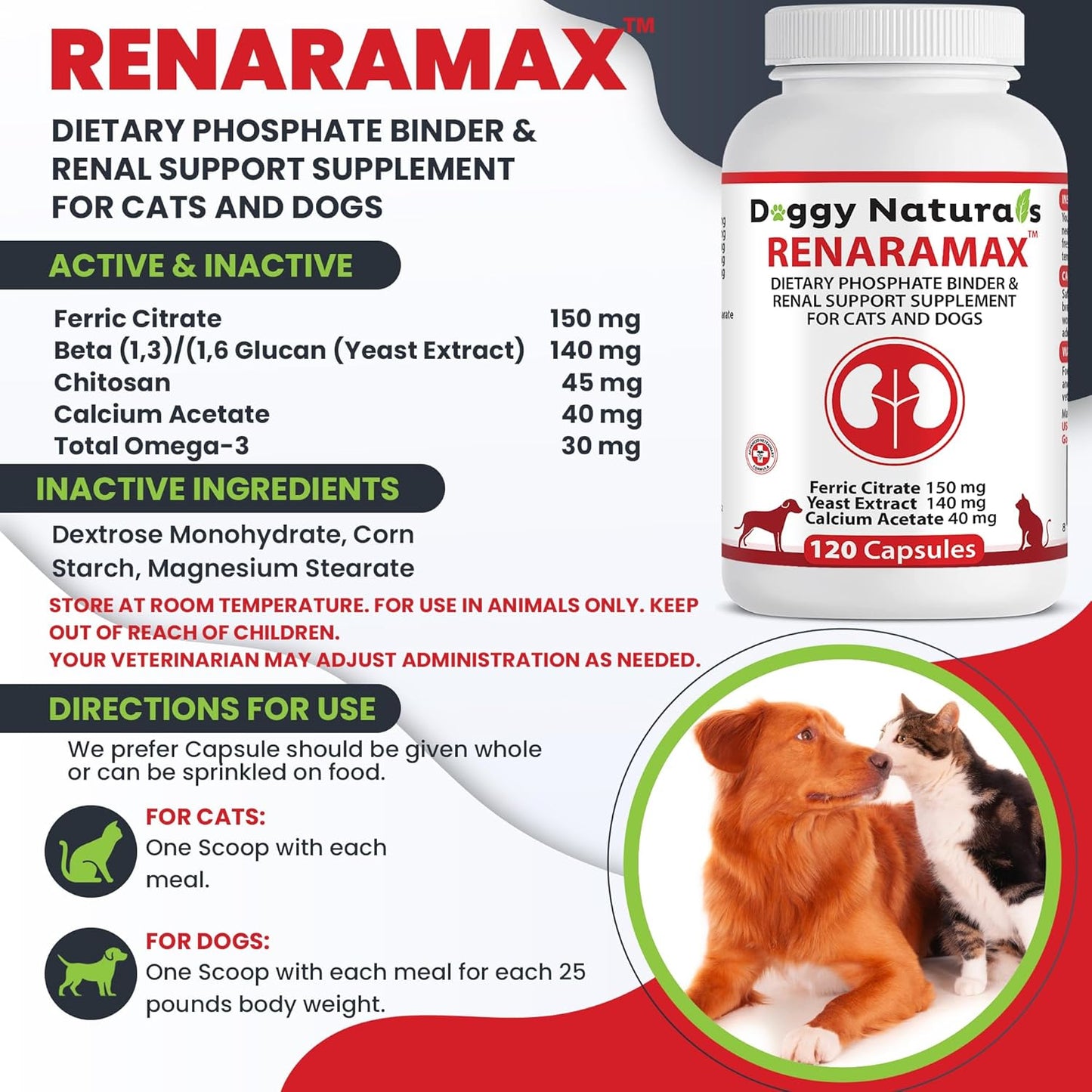 RENARAMAX Dietary Phosphate Binder and Renal Support Supplement for Cats and Dogs Count (Made in U.S.A) (120 Caps)