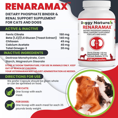 RENARAMAX Dietary Phosphate Binder and Renal Support Supplement for Cats and Dogs Count (Made in U.S.A) (120 Caps)