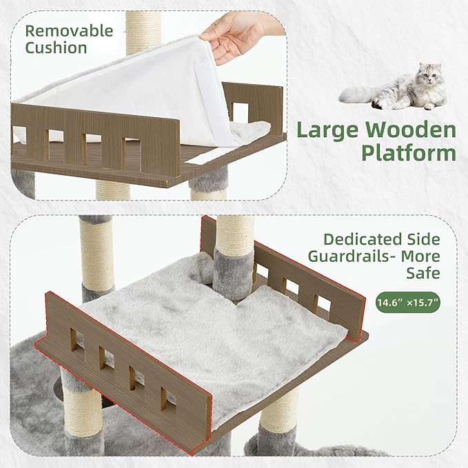 Cat Tree for Indoor Cats Large Adult, Heavy Duty Cat Tree for Large Cats 20 lbs+, Cat Condo with Big Wooden Perch, Cat Tower with 14 Scratching Posts, Hammock, Light Gray GCT023W