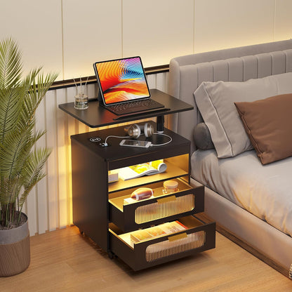 HNEBC Nightstand Set of 2, LED Nightstand with Wireless Charging Station/USB Ports,Smart Nightstand Has Adjustable Rotary Workstation with 2 Drawers,Modern Bedside Table for Bedroom Furniture(Black)