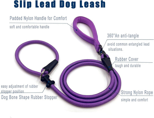 Slip Lead Dog Leash,Strong Nylon Rope Leash and Padded Handle,No Pull Outdoor Walking Training Lead for Small Medium Large Dogs (Purple, 1/2"×6ft)