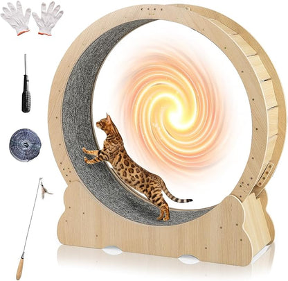Tangkula Cat Wheel for Indoor Cats, 40 Inch Large Cat Exercise Wheel with Lockable Mechanism, Carpeted Runaway, Wooden Ultra Low Noise Running Treadmill with a Teaser Toy for Kitty Fitness