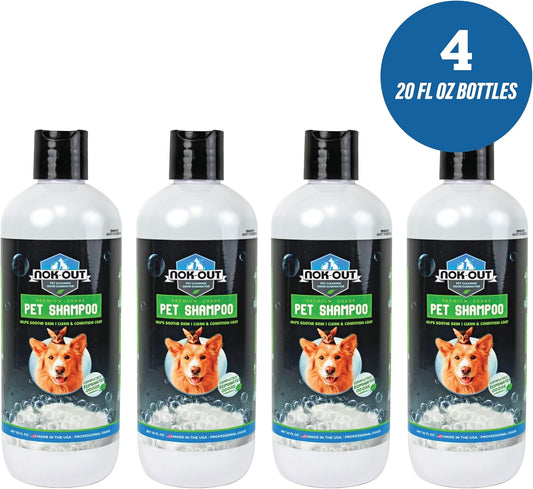 NOK OUT Premium Grade Pet Shampoo for Dogs and Cats, Veterinary Strength and Odor Eliminator Formula, Made in the USA, 20 Ounce Bottle, 4-Pack