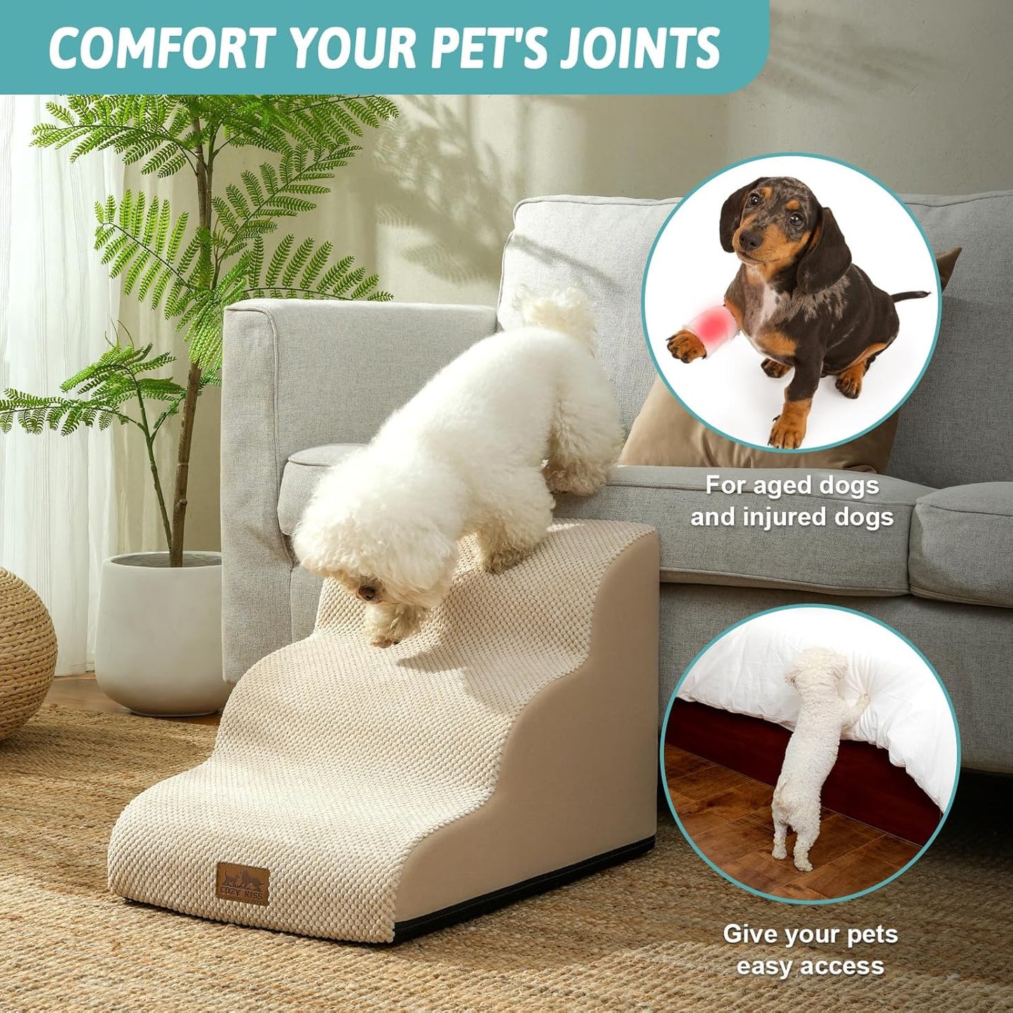 Dog Stairs for Small Dogs 15.7" H, Curved Dog Step for Puppy, Older Cat, Medium Pet Ramp for Sofa, Couch or Chair, Ladder with High Density Foam, 15.7x22.4x15.7 inch, 3 Step, Beige - Pawvie