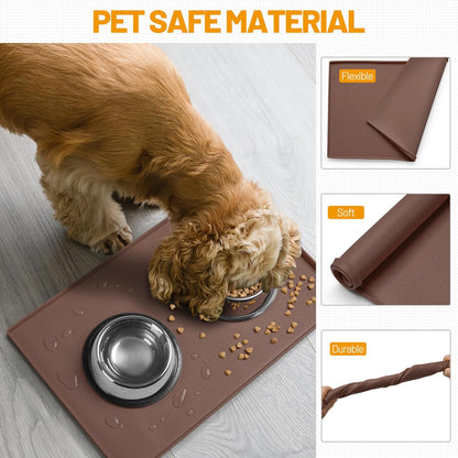 Hubulk Dog Feeding Mat,100% Waterproof Food Grade Silicone Pet Food and Water Bowl Placemat,Dishwasher, High Raised Edge to Prevent Spills,Nonslip Tray to Stop Messes on Floor（32"x24"x1.0", Brown）