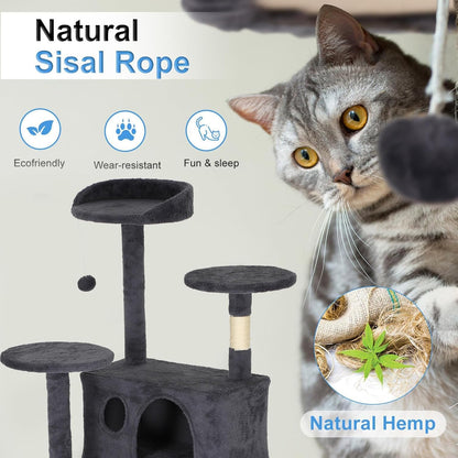 FDW Cat Tree Tower 62in Multi-Level Durable Cat Scratching Post & Cozy Fun Jumping Platform Space Saving Condo Pet Play House for Indoor Cats,Dark Gray